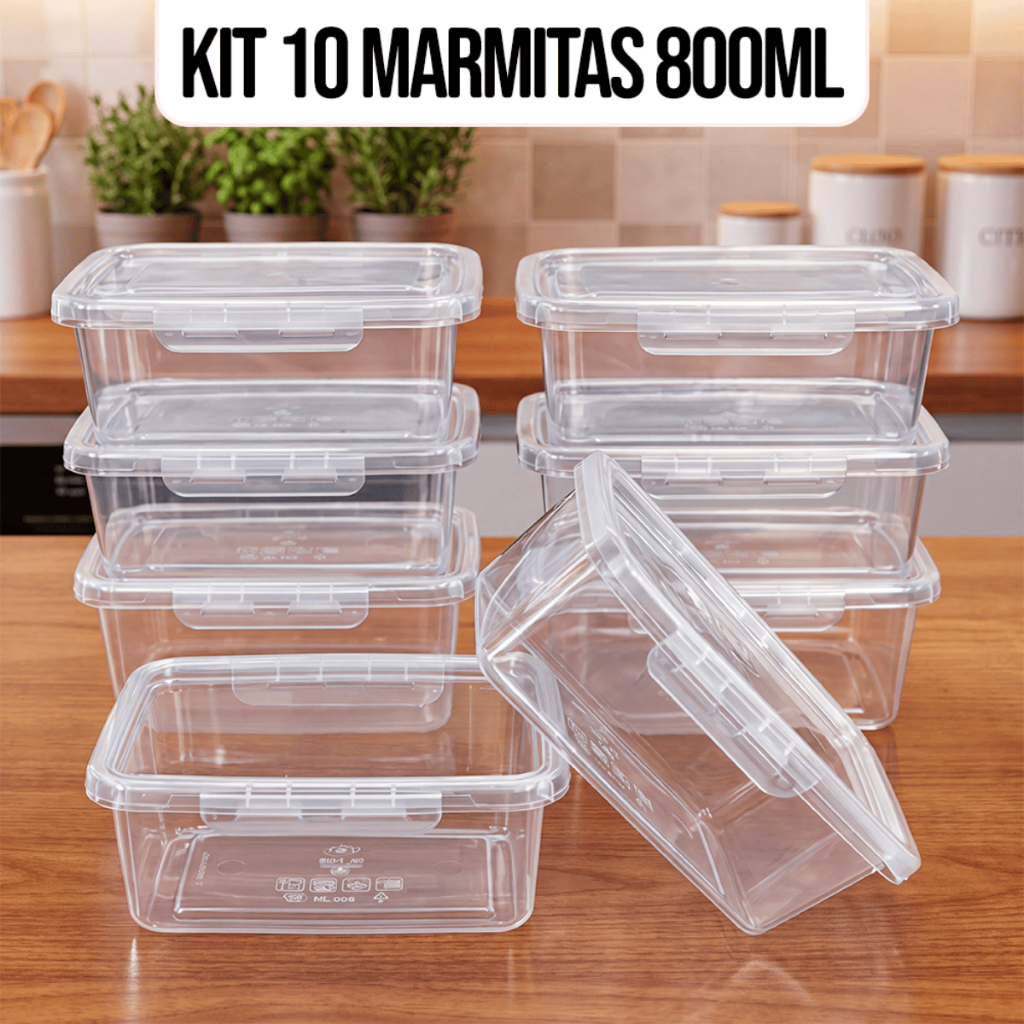 Foto de Kit 10 Marmitas Potes 800ml Travas Laterais hermeticas - Livres de BPA Alimentos organiza congelador - KAZIVA, categoria Geral, oferta na Promotina