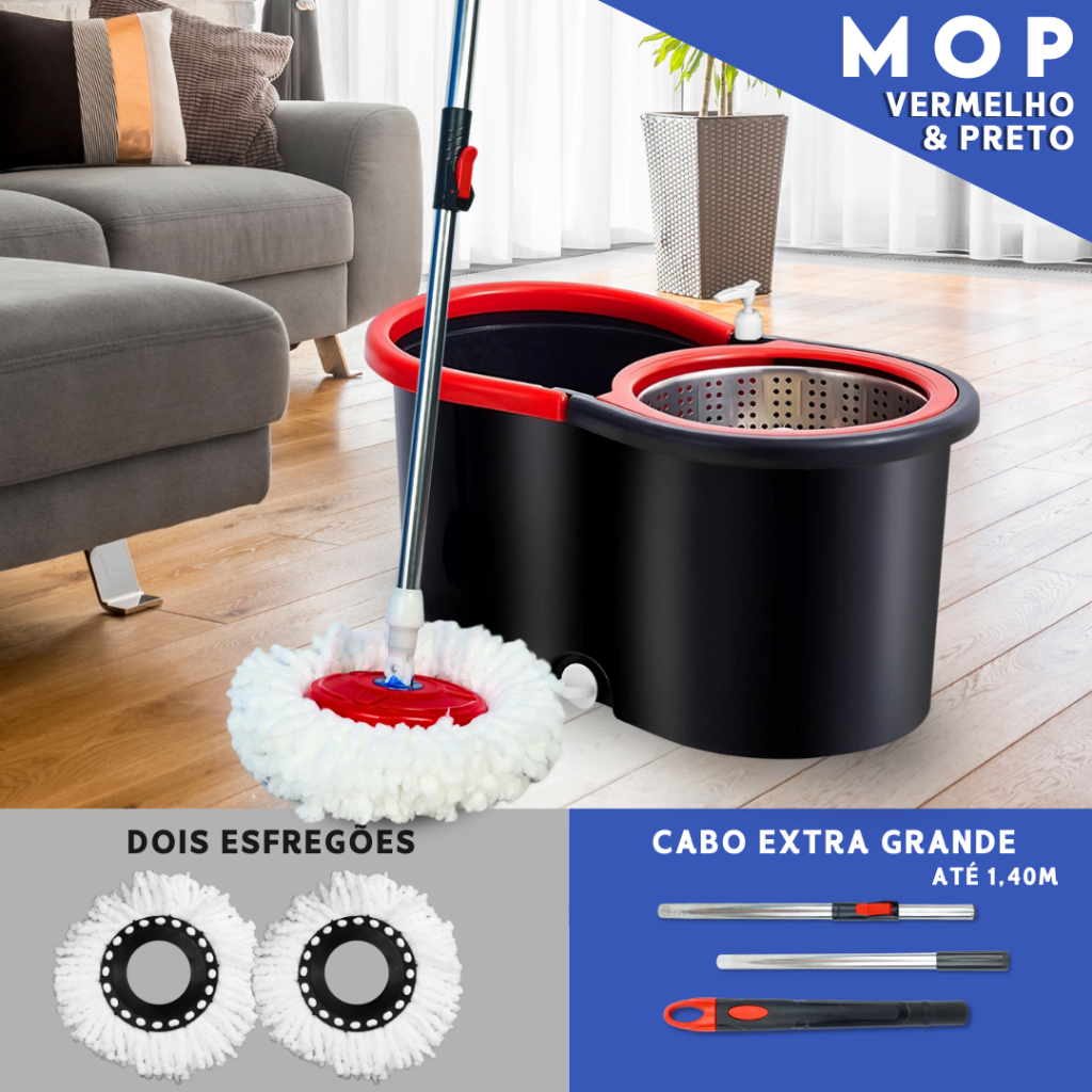 Foto de Mop Giratorio Com cabo de 140 cm Cesto Em Inox - Balde Centrífuga - C/2 Refil - Mazzal, categoria Geral, oferta na Promotina