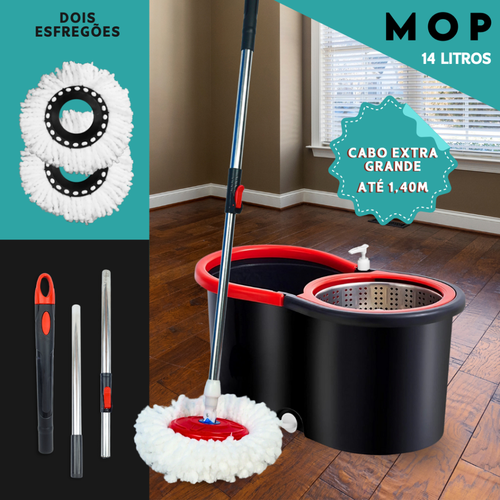 Foto de Mop Girátorio Cleaner Profissional – Balde com Centrífuga 14L + Refil Duplo e Cabo Reforçado - MN, categoria Geral, oferta na Promotina
