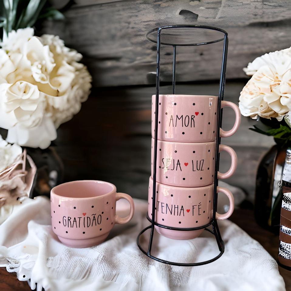 Foto de Jogo De Xícaras Café Chá Rosa Com Suporte Kit 4 Canecas Poá, categoria Geral, oferta na Promotina