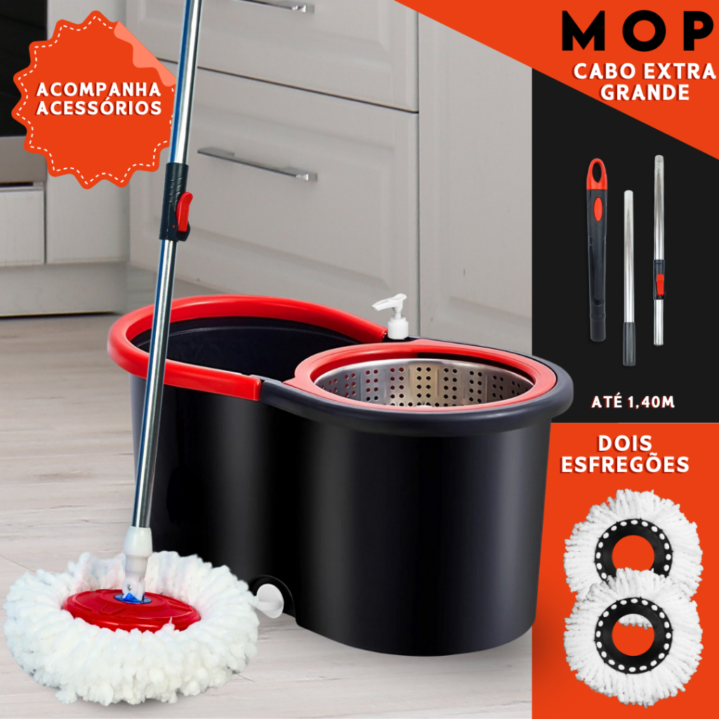 Foto de Mop Giratório 360 Cabo 140cm Balde Centrífuga Cesto Inox 14L 2 Refis Microfibra Esfregão Spin, categoria Geral, oferta na Promotina
