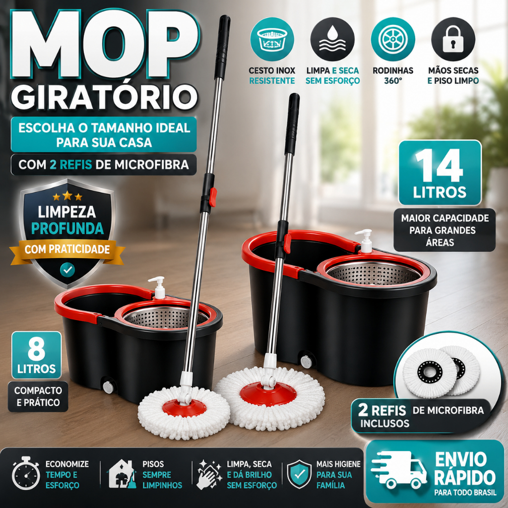 Foto de Mop C/ cabo de 140 cm + 2 Refis - Rodinhas e Cesto Em Inox - Balde Centrífuga - CH, categoria Geral, oferta na Promotina