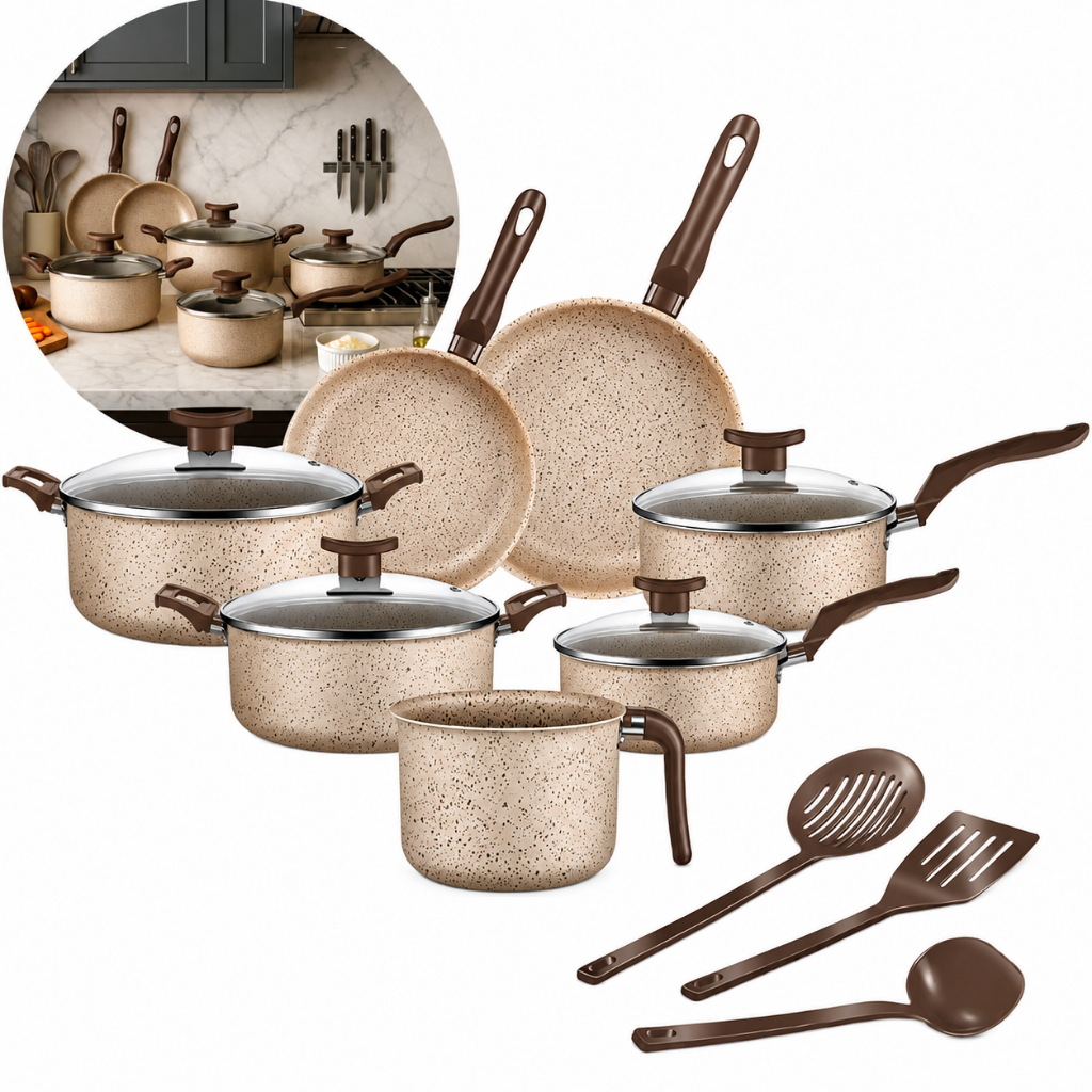 Foto de Jogo De Panelas 10 Peças Antiaderente Conjunto Frigideira Fervedor tampa de vidro Cor Coffee Cappuccino Kit Talheres, categoria Geral, oferta na Promotina